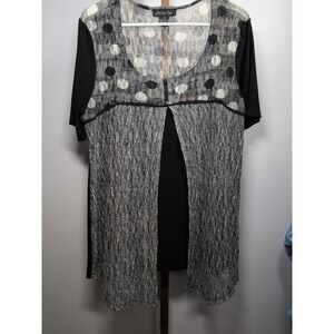 Michael Tyler Tunic Top Size Large Black with Gray Crochet Mesh Overlay Stretchy